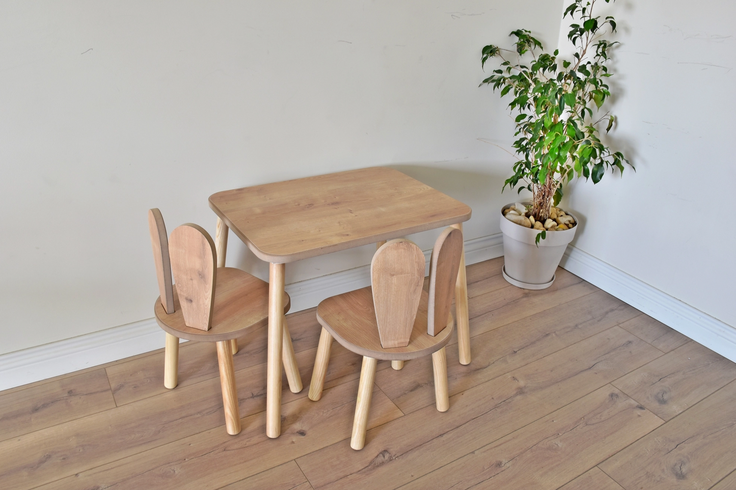 Montessori Kids Wooden Table and 2 Rabbit Chairs For Kids